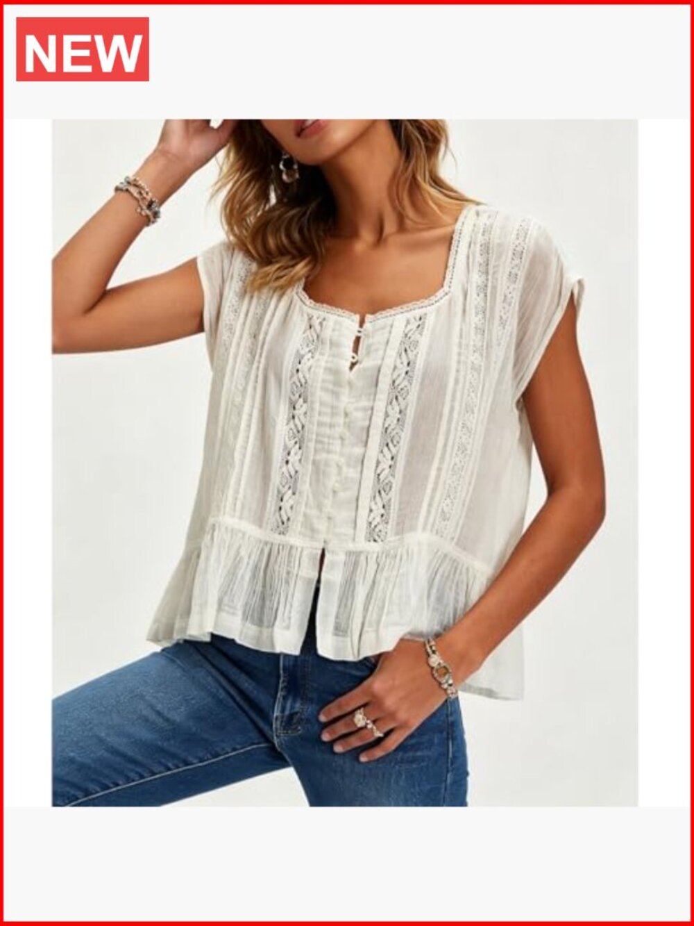 Semi Sheer Button Down Blouse Square Neck Lace Ruffle Trim Cap Sleeve Casual - Picture 5 of 6